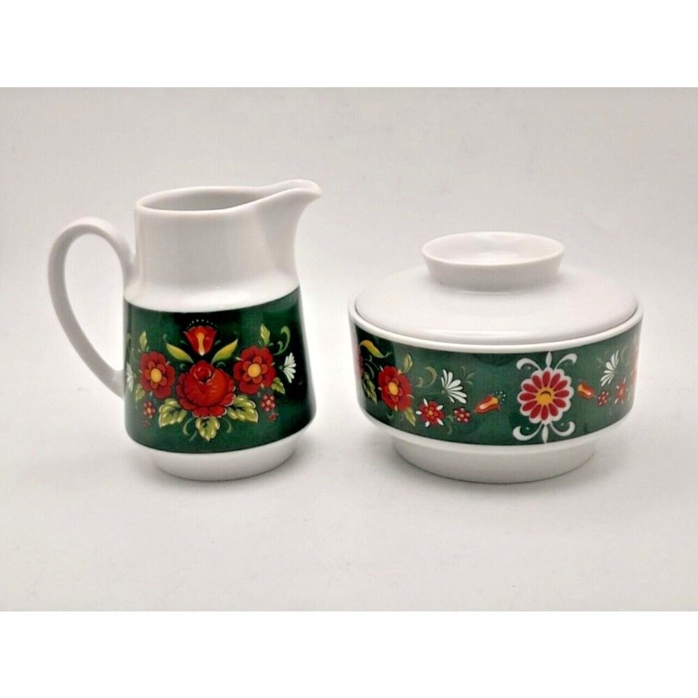 Winterling Bavaria Green Red Floral Creamer Sugar Bowl w/ Lid & Serving Bowl - Picture 4 of 9
